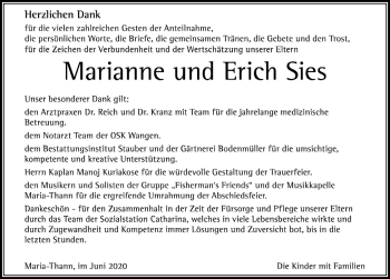 Traueranzeige von Erich Sies von Der Westallgäuer