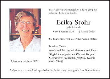 Traueranzeige von Erika Stohr von Der Westallgäuer