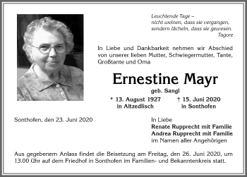 Traueranzeige von Ernestine Mayr von Allgäuer Anzeigeblatt
