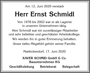 Traueranzeige von Ernst Schmidl von Allgäuer Zeitung, Marktoberdorf
