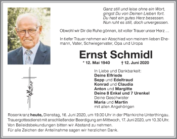 Traueranzeige von Ernst Schmidl von Allgäuer Zeitung, Marktoberdorf