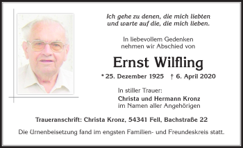 Traueranzeige von Ernst Wilfling von Allgäuer Zeitung,Kempten