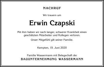 Traueranzeige von Erwin Czapski von Allgäuer Zeitung,Kempten