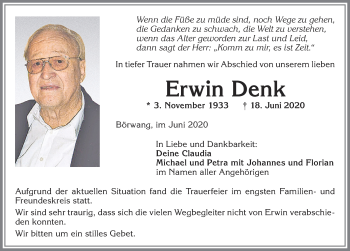 Traueranzeige von Erwin Denk von Allgäuer Zeitung