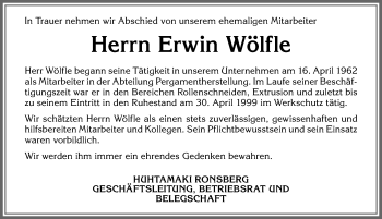 Traueranzeige von Erwin Wölfle von Allgäuer Zeitung, Marktoberdorf