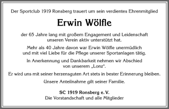 Traueranzeige von Erwin Wölfle von Allgäuer Zeitung, Marktoberdorf