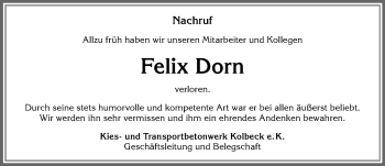 Traueranzeige von Felix Dorn von Allgäuer Zeitung,Kempten