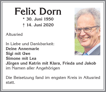 Traueranzeige von Felix Dorn von Allgäuer Zeitung,Kempten