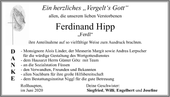 Traueranzeige von Ferdinand Hipp von Allgäuer Zeitung, Füssen