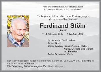 Traueranzeige von Ferdinand Stöhr von Allgäuer Zeitung,Kempten