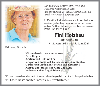 Traueranzeige von Fini Holzheu von Memminger Zeitung