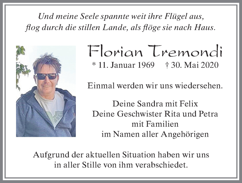  Traueranzeige für Florian Tremondi vom 10.06.2020 aus Allgäuer Zeitung, Füssen
