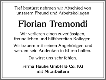 Traueranzeige von Florian Tremondi von Allgäuer Zeitung, Füssen