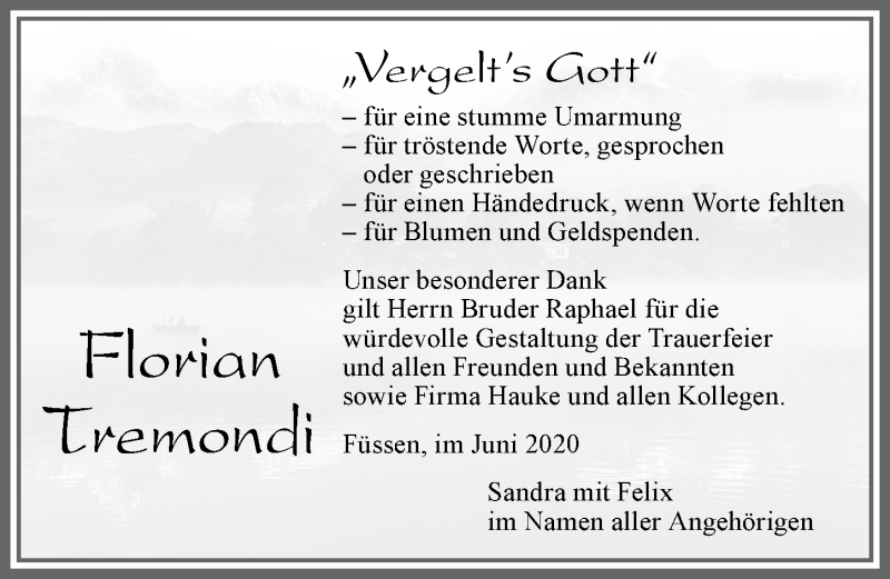  Traueranzeige für Florian Tremondi vom 20.06.2020 aus Allgäuer Zeitung, Füssen