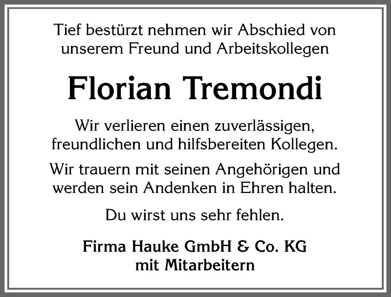  Traueranzeige für Florian Tremondi vom 10.06.2020 aus Allgäuer Zeitung, Füssen