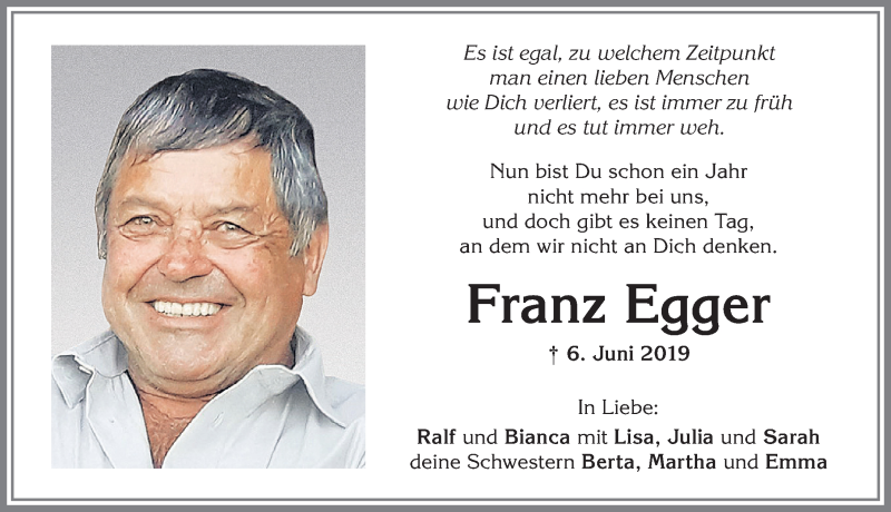  Traueranzeige für Franz Egger vom 06.06.2020 aus Allgäuer Zeitung,Kempten