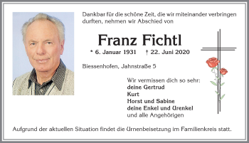 Traueranzeige von Franz Fichtl von Allgäuer Zeitung, Marktoberdorf