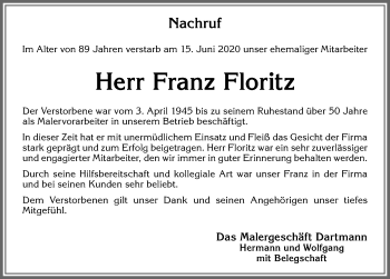 Traueranzeige von Franz Floritz von Allgäuer Zeitung,Kempten