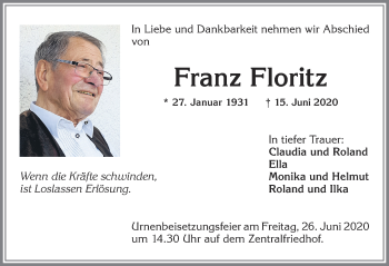 Traueranzeige von Franz Floritz von Allgäuer Zeitung,Kempten