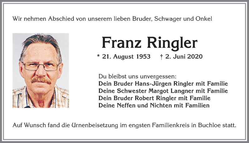  Traueranzeige für Franz Ringler vom 20.06.2020 aus Allgäuer Zeitung, Kaufbeuren/Buchloe
