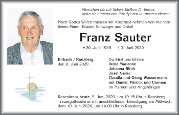 Traueranzeige von Franz Sauter von Allgäuer Zeitung, Marktoberdorf
