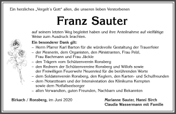 Traueranzeige von Franz Sauter von Allgäuer Zeitung, Marktoberdorf