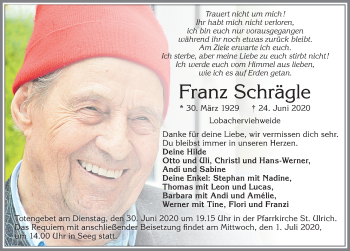 Traueranzeige von Franz Schrägle von Allgäuer Zeitung, Füssen