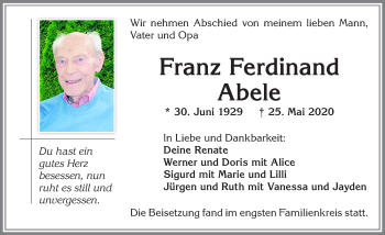 Traueranzeige von Franz Ferdinand Abele von Allgäuer Zeitung,Kempten
