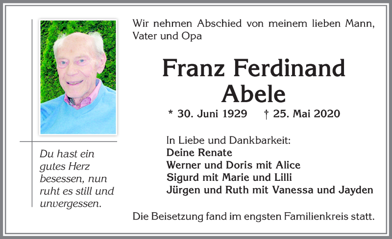  Traueranzeige für Franz Ferdinand Abele vom 27.06.2020 aus Allgäuer Zeitung,Kempten