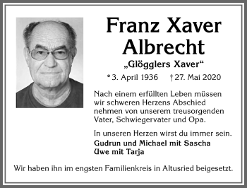 Traueranzeige von Franz Xaver Albrecht von Allgäuer Zeitung,Kempten