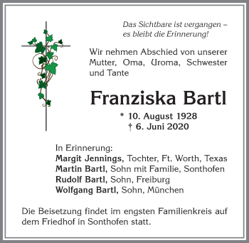Traueranzeige von Franziska Bartl von Allgäuer Anzeigeblatt
