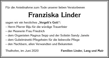 Traueranzeige von Franziska Linder von Allgäuer Zeitung, Marktoberdorf