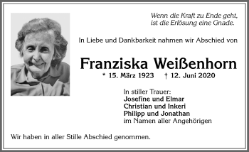 Traueranzeige von Franziska Weißenhorn von Allgäuer Zeitung,Kempten