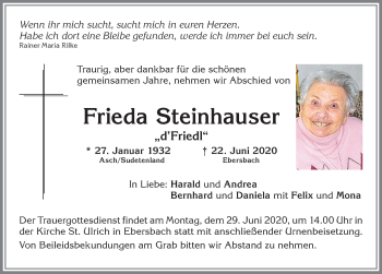 Traueranzeige von Frieda Steinhauser von Allgäuer Zeitung, Marktoberdorf