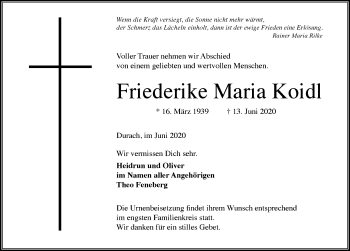 Traueranzeige von Friederike Maria Koidl von Allgäuer Zeitung,Kempten