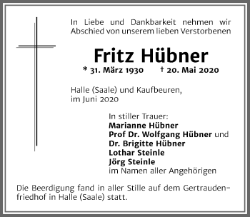 Traueranzeige von Fritz Hübner von Allgäuer Zeitung, Kaufbeuren/Buchloe