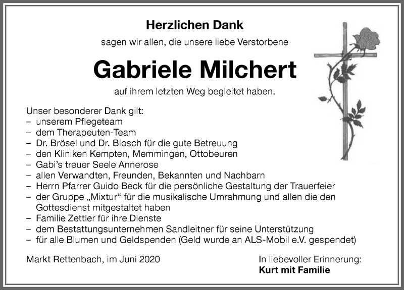  Traueranzeige für Gabriele Milchert vom 13.06.2020 aus Memminger Zeitung