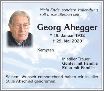 Traueranzeige von Georg Ahegger von Allgäuer Zeitung,Kempten