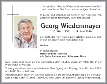 Traueranzeige von Georg Wiedenmayer von Allgäuer Zeitung,Kempten