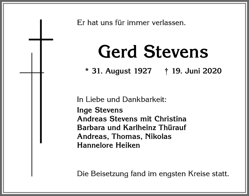  Traueranzeige für Gerd Stevens vom 27.06.2020 aus Allgäuer Zeitung,Kempten