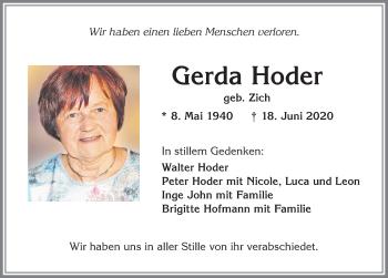 Traueranzeige von Gerda Hoder von Allgäuer Zeitung,Kempten