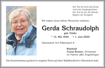 Traueranzeige von Gerda Schraudolph von Allgäuer Anzeigeblatt