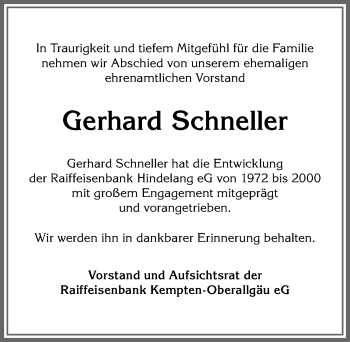 Traueranzeige von Gerhard Schneller von Allgäuer Anzeigeblatt