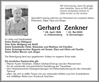Traueranzeige von Gerhard Zenkner von Allgäuer Zeitung, Kaufbeuren/Buchloe