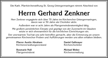 Traueranzeige von Gerhard Zenkner von Allgäuer Zeitung, Kaufbeuren/Buchloe