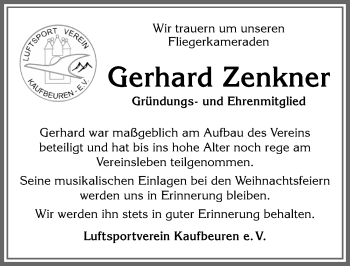Traueranzeige von Gerhard Zenkner von Allgäuer Zeitung, Kaufbeuren/Buchloe
