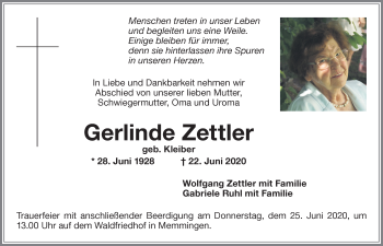 Traueranzeige von Gerlinde Zettler von Memminger Zeitung