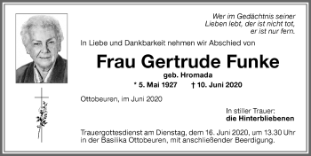 Traueranzeige von Gertrude Funke von Memminger Zeitung