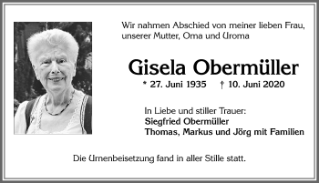 Traueranzeige von Gisela Obermüller von Allgäuer Zeitung, Kaufbeuren/Buchloe