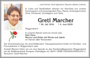 Traueranzeige von Gretl Marcher von Allgäuer Zeitung,Kempten